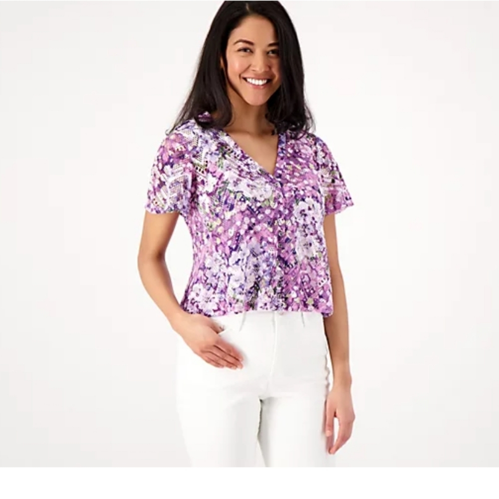 QVC Susan Graver Printed Pointelle Knit Button Front Cropped Shrug Lilac 4XL